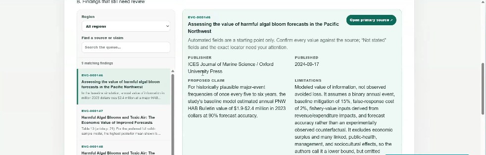 Ocean Evidence Commons source-review interface